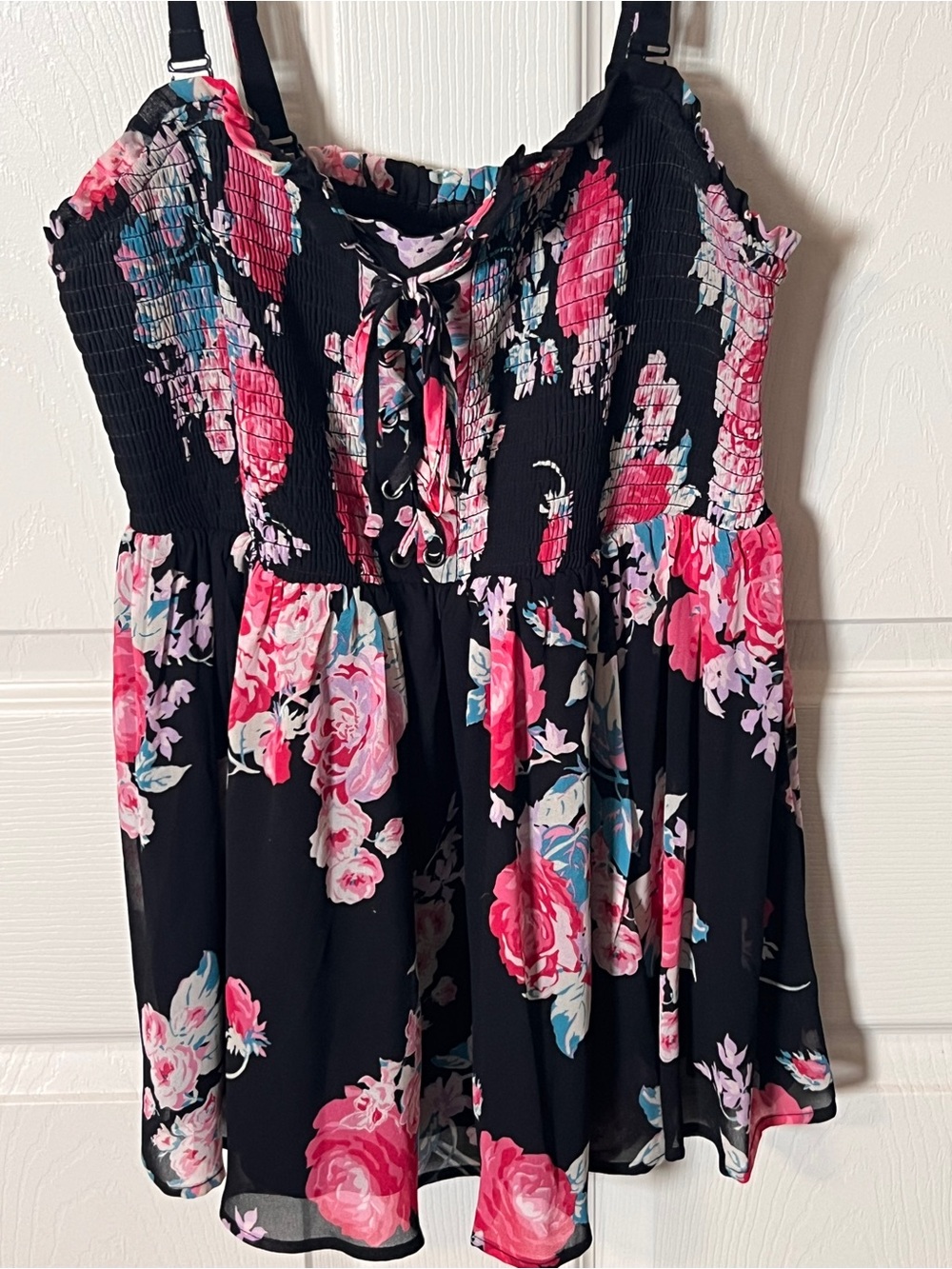 torrid Black Floral Smocked babydoll Tank with Pink & Blue Roses lined
